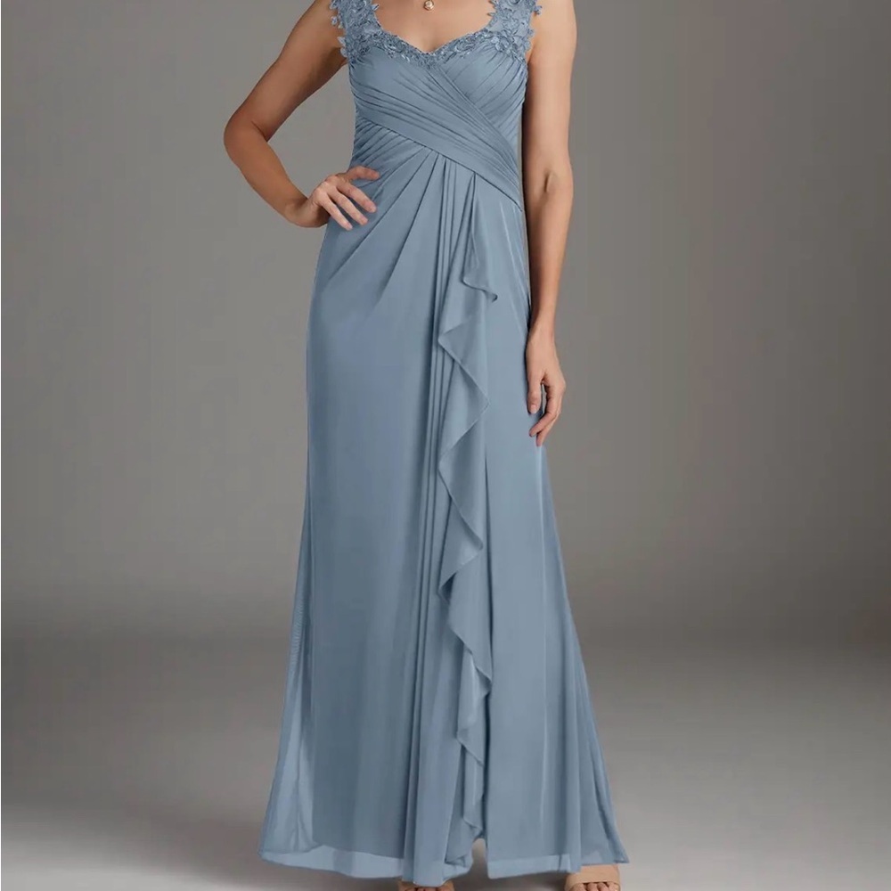 Dusty Blue Lace Sequin Formal Evening Gown Dress